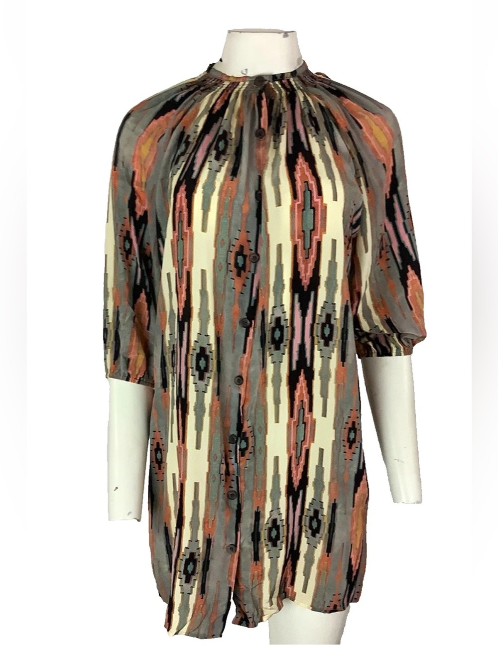 Tucker Sz P 100% Silk Aztec Western Boho Festival Shift Mini Dress Multicolor